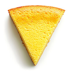 A slice of yellow sponge cake with a golden crust, isolated on a white background.