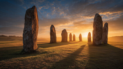 Autumn Equinox Celebrations, ancient stone circle at sunrise with long shadows