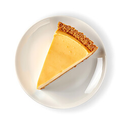A slice of creamy cheesecake with a graham cracker crust served on a white plate.