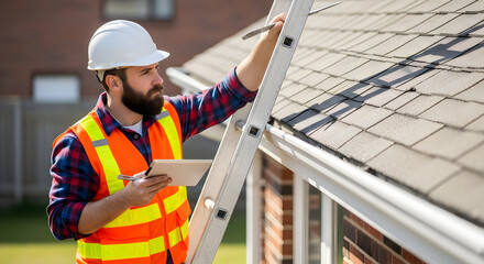 Professional Roofer on Ladder Inspecting Home for Repair Roof Work, Using Digital Tablet