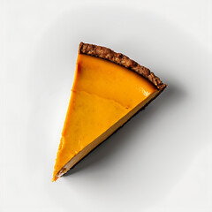 A slice of pumpkin pie with a golden filling and a crumbly crust, presented on a white background.