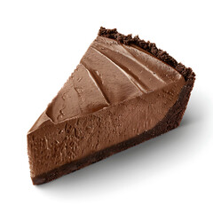 A slice of rich chocolate mousse pie with a crumbly crust and smooth, glossy filling.