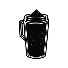 Black and white illustrated full mug of beverage with triangle on top
