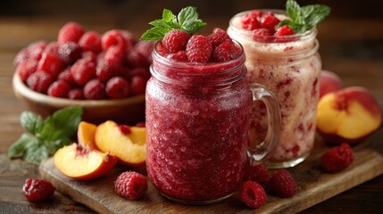 Two Raspberry Peach Smoothies in Mason Jars with Fruit