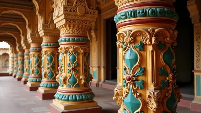 Step inside Mysore Palace, marveling at ornate columns, intricate designs, and vibrant patterns bathed in soft, warm lighting.