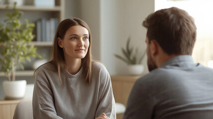 Couple talking face to face in calm modern room