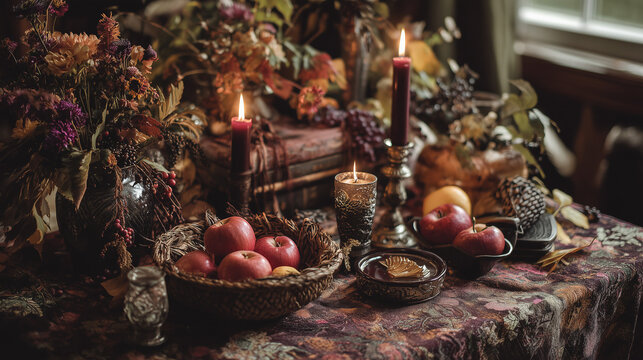 Autumn Equinox Celebrations, Mabon altar setup with candles, apples, autumn leaves, and cornucopia