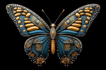 Dark Blue And Gold Ornate Butterfly On Black Background