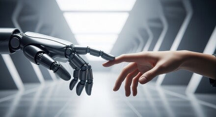 Robot hand touches human hand in a futuristic setting.
