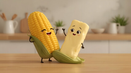 A cheerful corn embraces a cute butter in a warm, inviting setting, embodying food relationships with joyful and inviting, ideal for illustrating themes of joy and flavor.