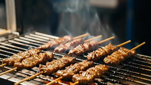 Delicious satay meat skewers sizzling on a hot barbecue grill.