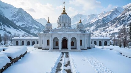 Stunning drone footage captures serene snow-capped Sikh temple amidst majestic mountains, celebrating Guru Nanak's wisdom