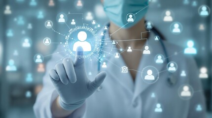 Doctor in lab coat touching holographic interface with social network icons in the foreground