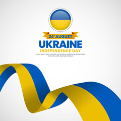 Ukraine independence day greeting card, square banner background with warving ribbon flag