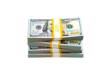 Stack of one hundred dollar bills tied with yellow bank wrappers isolated on transparent background