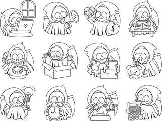 Illustration of cute skull ghost icon.
Funny skull ghost in activities stickers.
Angel of death cute elements.