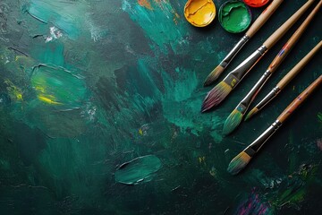 Assorted art brushes on a teal canvas