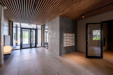 modern lobby with wood slat ceiling, tile floor, glass doors, and a mailbox wall. Natural light...