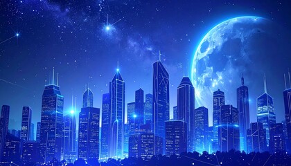 Futuristic city at night under a luminous moon