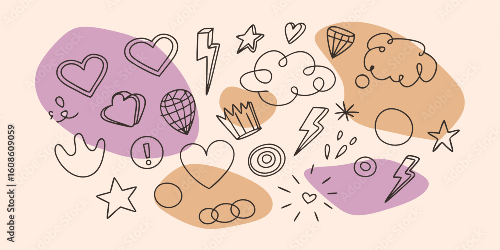 Poster hand drawn doodle elements with abstract shapes and symbols for graphic design and creative projects