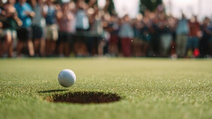 Golf ball and hole: A golf ball drops triumphantly into the hole on a lush green course, cheered on by a crowd of enthusiastic spectators, showcasing the thrill of a successful shot.