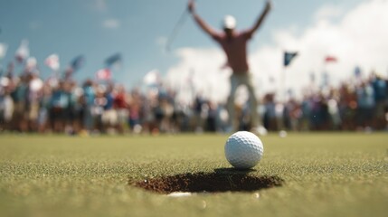Golfing Triumph: A golfer celebrates a winning putt on a picturesque course, exuding pure joy amidst the cheers of an audience. Capturing the essence of sportsmanship, skill.