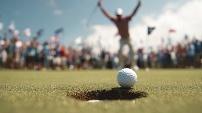 Golfing Triumph: A golfer celebrates a winning putt on a picturesque course, exuding pure joy amidst the cheers of an audience. Capturing the essence of sportsmanship, skill.