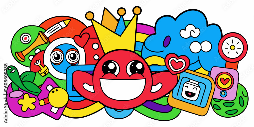 Poster vibrant doodle art featuring a smiling red character with a crown surrounded by colorful objects and