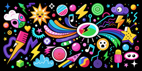 Fototapeta premium Vibrant and Playful Cartoon Doodle Illustration with Bold Colors and Whimsical Shapes on a Black Background Perfect for Creative Designs