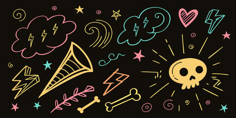 Hand Drawn Doodle Elements on Black Background with Clouds Lightning Bolts Skull Stars Heart and Other Decorative Shapes