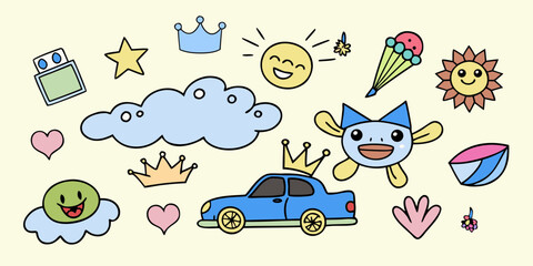 Fototapeta premium Colorful Cartoon Doodle Set with Car Cloud Crown Sun Star Heart Flower and Other Cute Elements