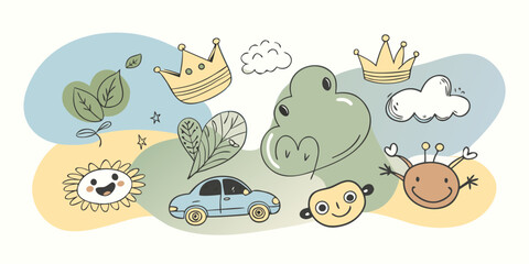 Playful Doodle Illustration with Crowns Clouds Frog Car Sun and Abstract Shapes for Children s Designs and Creative Projects