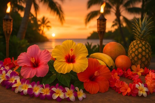 Tropical Sunset with Flowers and Fruits