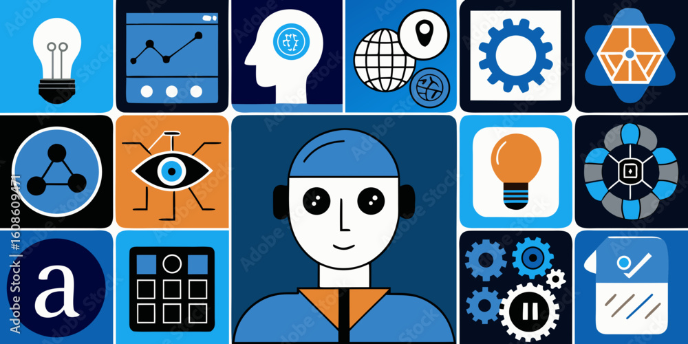Poster abstract artificial intelligence and technology icons on blue background illustrating concepts of in