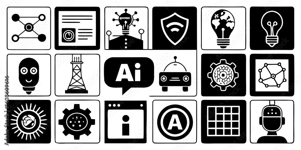 Poster black and white icon set representing artificial intelligence technology and innovation in a clean a
