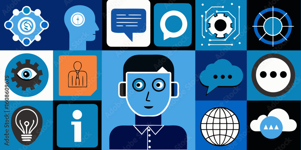 Poster modern business and technology icons in a colorful grid pattern representing innovation communicatio