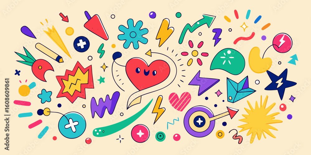 Poster whimsical and colorful doodle pattern with abstract shapes and symbols ideal for backgrounds or crea