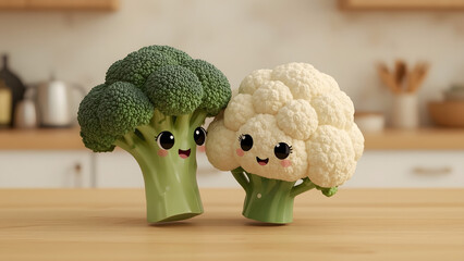 Two vibrant vegetable pals: broccoli and cauliflower, beaming with happiness and embodying health and freshness. This charming pair, with their endearing smiles, create a visual feast.