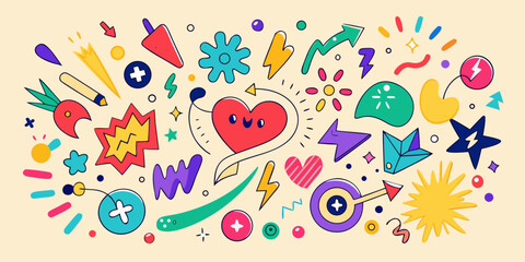 Whimsical and Colorful Doodle Pattern with Abstract Shapes and Symbols Ideal for Backgrounds or Creative Design Projects