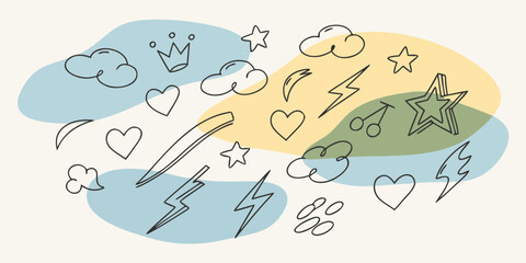 Naklejka premium Hand Drawn Doodle Icons on Pastel Background Includes Stars Hearts Clouds Lightning Bolts Cherries and a Crown