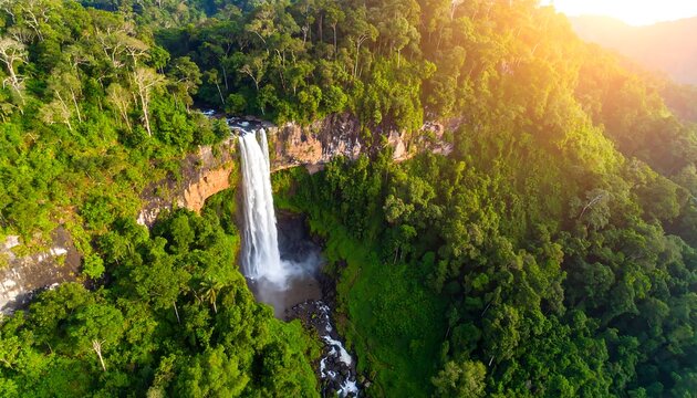 Aerial view of a waterfall cascading down a cliff face, surrounded by lush green rainforest