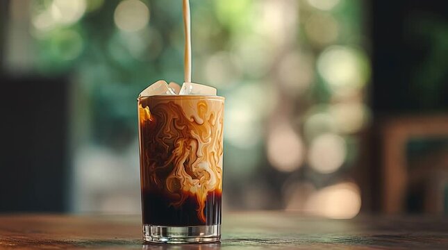 Cold brew coffee with milk slowly pouring in, swirling beautifully, in a clear glass over ice, moody summer caf&eacute; feel