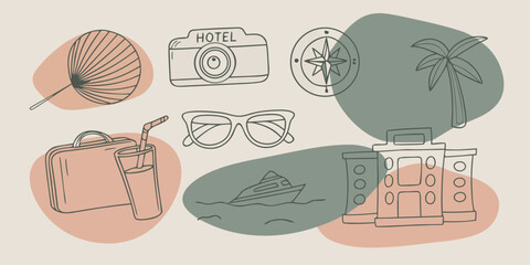 Hand Drawn Travel and Vacation Icons with Camera Compass Hotel and Palm Tree for Summer Holiday