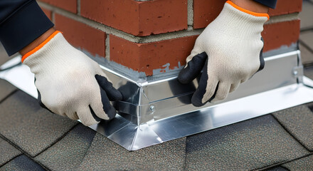 Professional Hands Repair Roof Chimney with Metal Flashing Installation