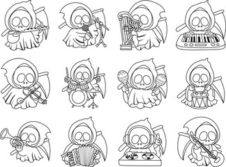 Illustration of cute skull ghost icon.
Funny skull ghost in activities stickers.
Angel of death cute elements.