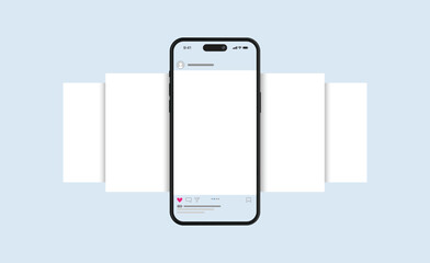 Social media post mock up vector layout template, Mobile app interface with blank pictures, editable posts.