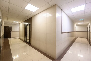 Bright hallway with tiled walls and floors, leading away in two directions. Ceiling lights illuminate the space, and doors line the walls. Exit sign visible