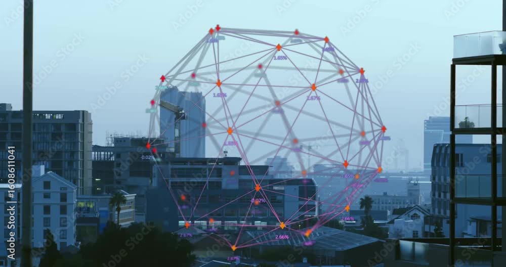 Poster rooftop view at dawn, 3d network sphere appearing, rotating pulsing nodes, showing labels under 3%