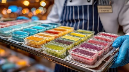 Colorful packaged foods displayed on a tray by a gloved worker in a vibrant market setting.