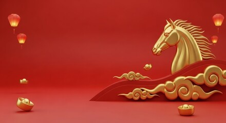 Golden Horse Head with Red Background and Lanterns
